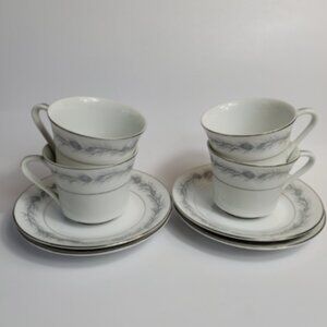 FOUR Style House China Duchess Cup and Saucer Sets White with Blue Pinecones